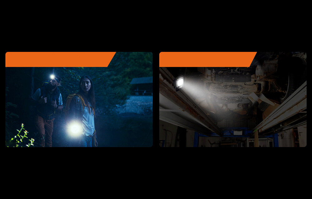 Dwie sceny: Ludzie w lesie z latarką i lampą roboczą w przejściu podziemnym.