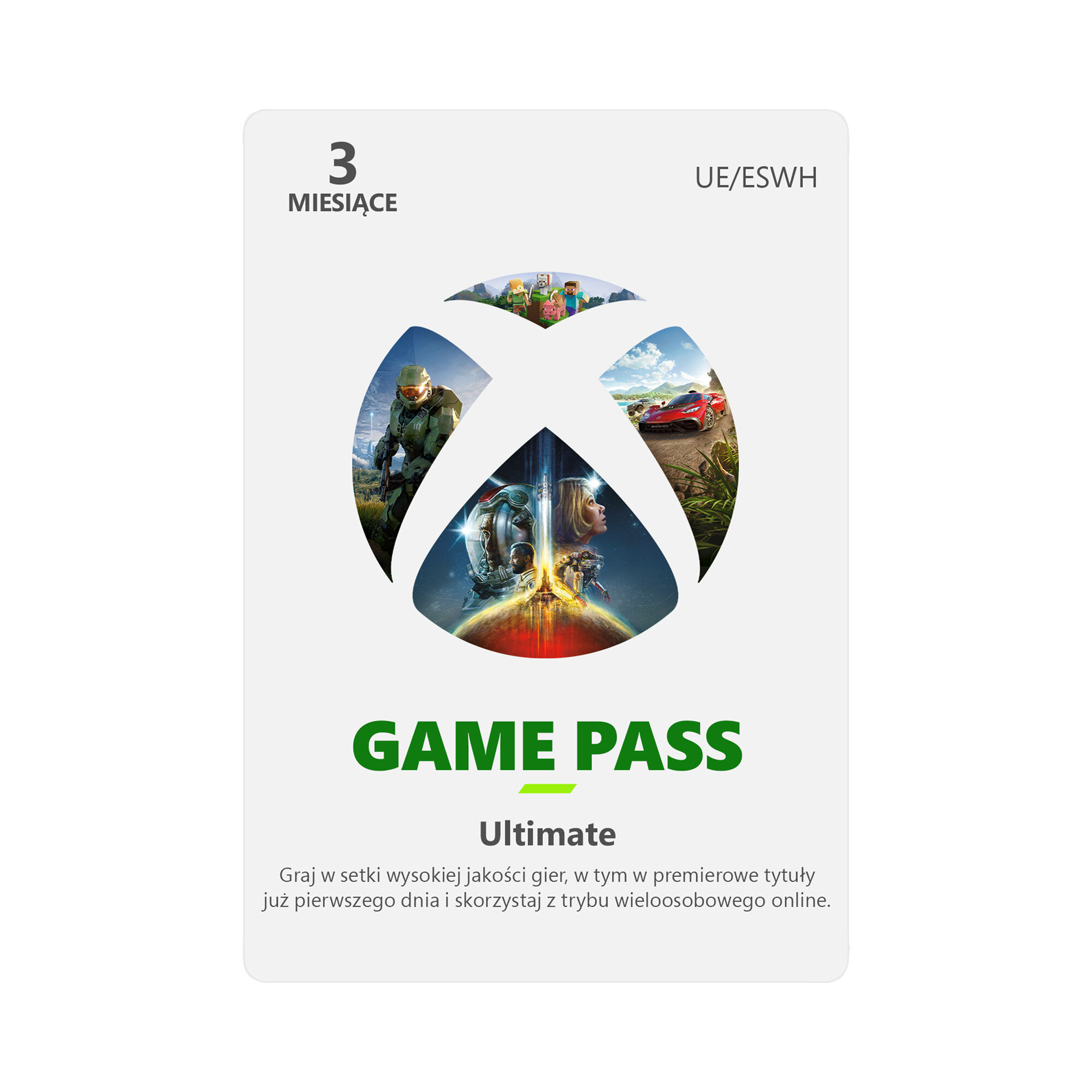 Karta Xbox Game Pass Ultimate. Tekst: 3 miesiące. Zawiera obrazy gier i logo.
