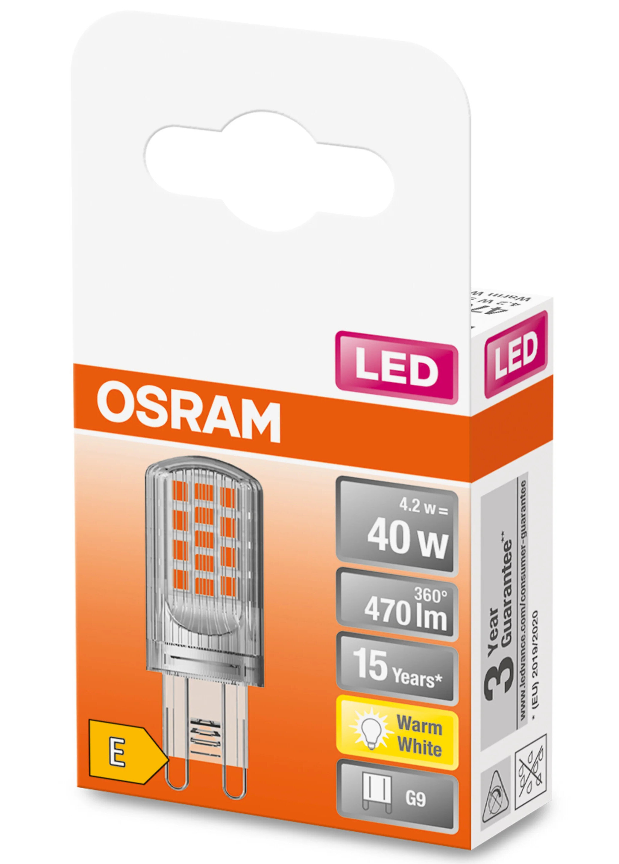 Żarówka LED w pudełku. Żarówka jest pomarańczowa. Informacje na pudełku.