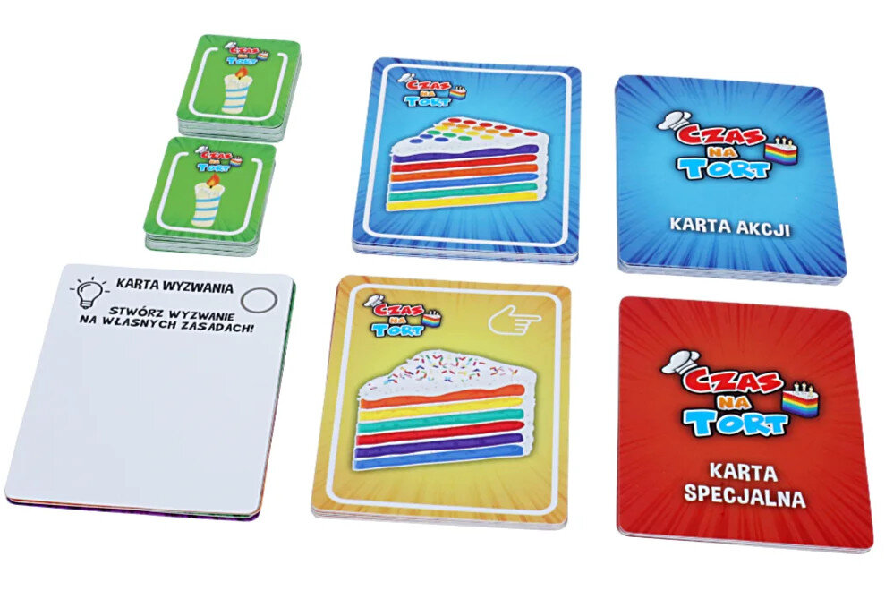 Karty do gry planszowej z ilustracjami ciast. Różne karty z tekstem i obrazkami ciast.