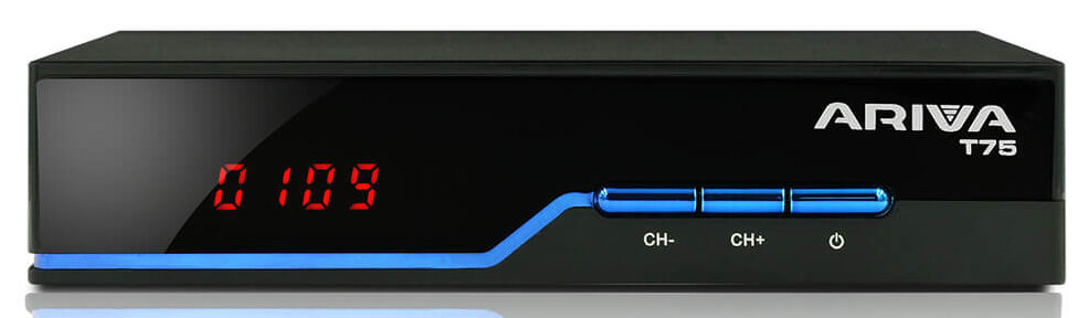 Czarny odbiornik cyfrowy z czerwonym wyświetlaczem pokazującym '01:09', z niebieskimi akcentami.