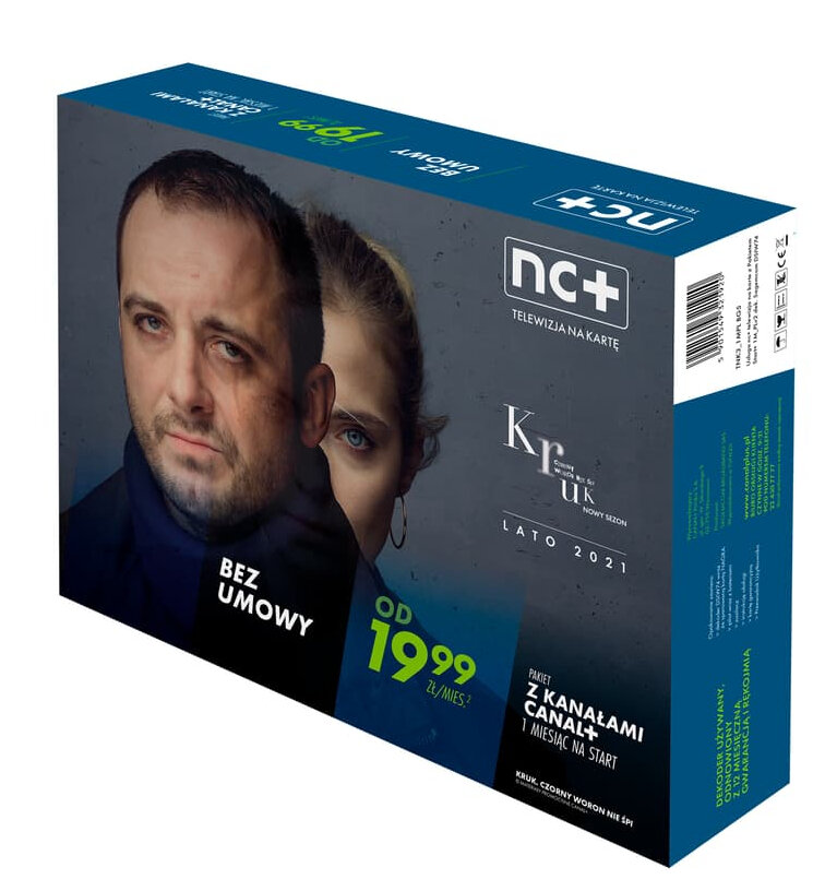 Pudełko ze zdjęciami mężczyzny i kobiety, tekst po polsku. Zawiera informacje o pakiecie TV.