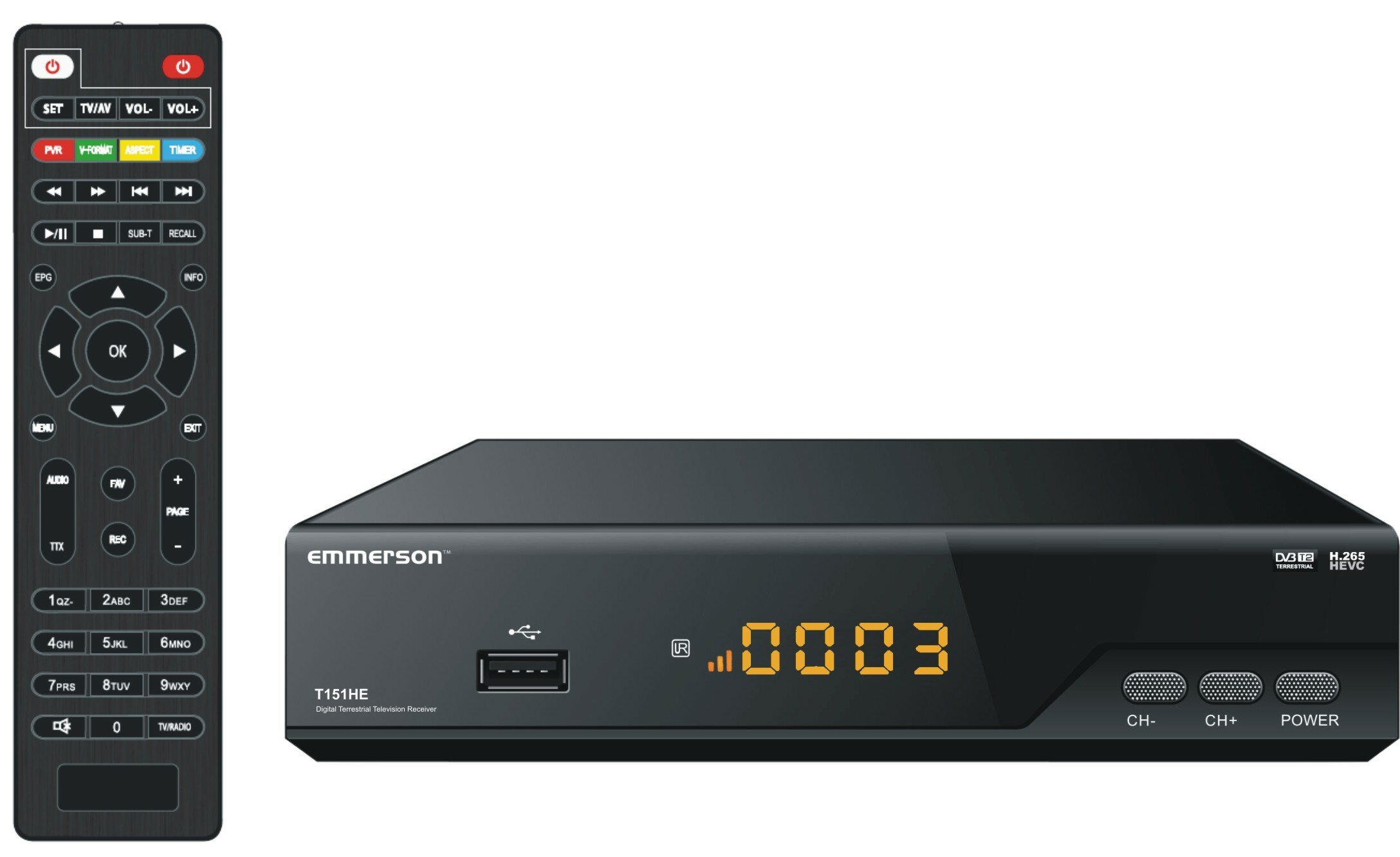 Czarny odbiornik cyfrowy z pilotem. Odbiornik wyświetla '0003'. Pilot ma wiele przycisków.