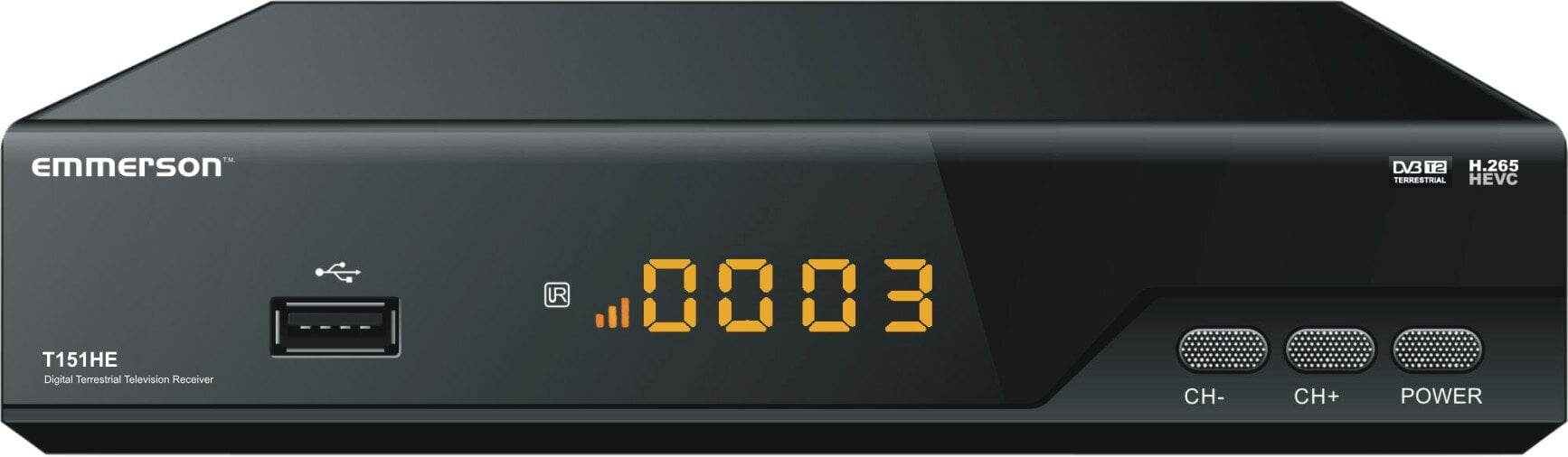 Czarny odbiornik cyfrowy z wyświetlaczem '0003', portem USB i przyciskami.