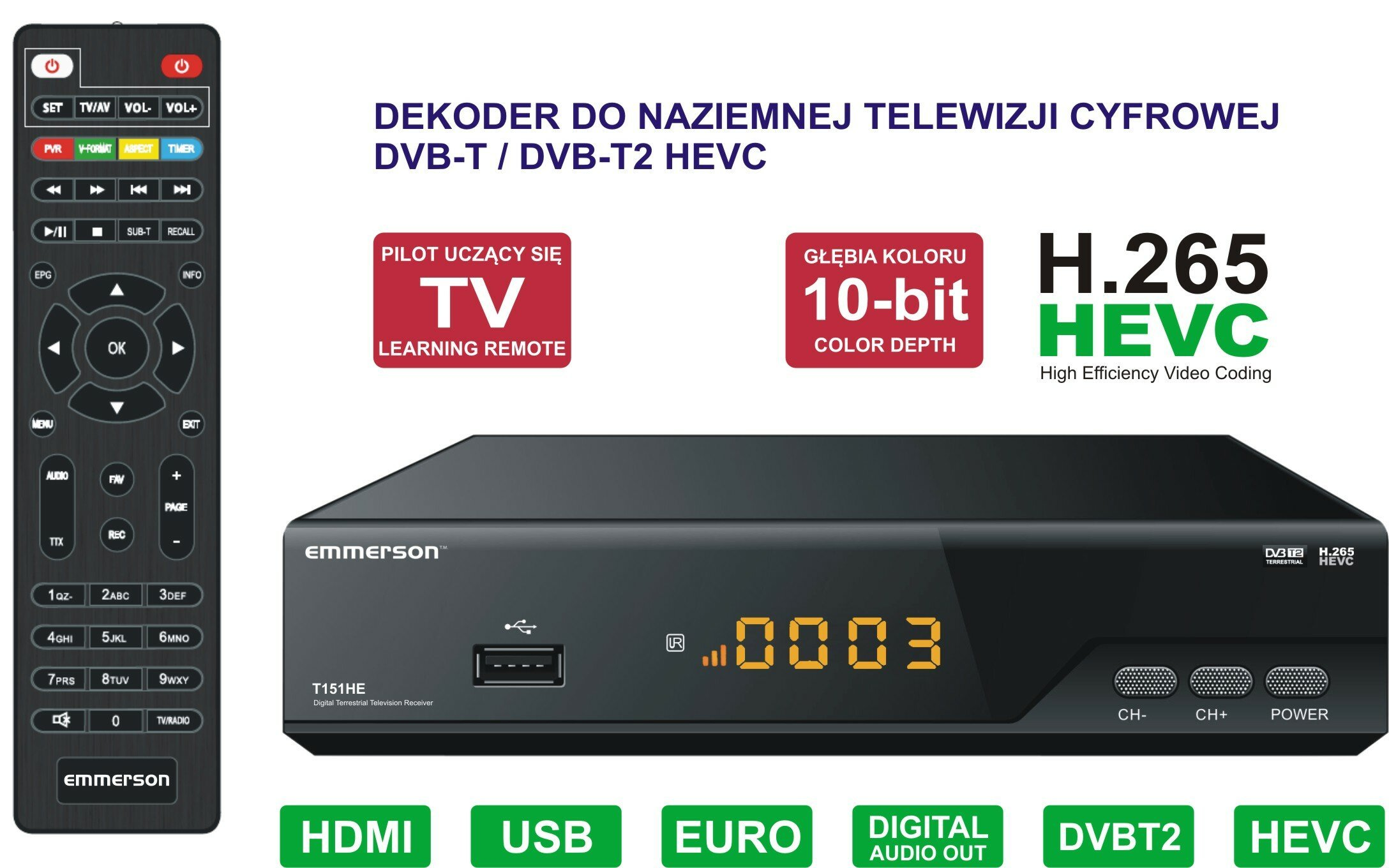 Czarny cyfrowy odbiornik DVB-T/T2 HEVC i pilot z przyciskami i portami na dole.