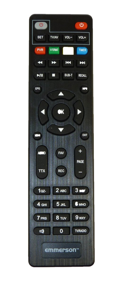 Czarny pilot z przyciskami i logo Emerson.