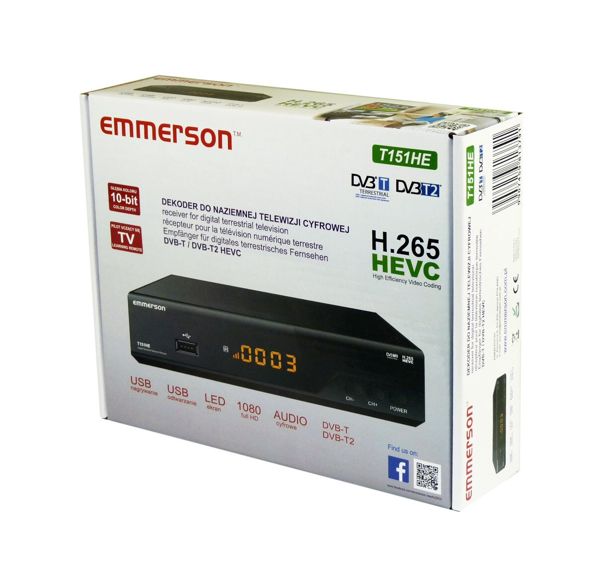 Czarny odbiornik telewizji naziemnej Emmerson w pudełku.