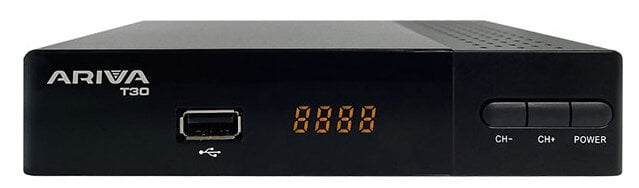 Czarny odbiornik cyfrowy z portem USB i wyświetlaczem '8888'. Posiada przyciski i logo Ariva.