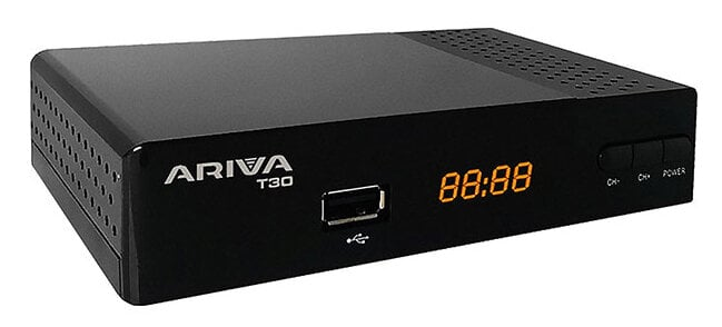 Czarny odbiornik cyfrowy ARIVA T30 z wyświetlaczem pokazującym 88:88.