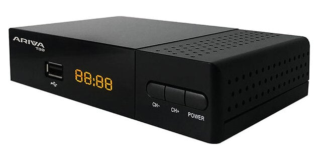 Czarny dekoder z wyświetlaczem, przyciskami, pokazujący godzinę 08:88.