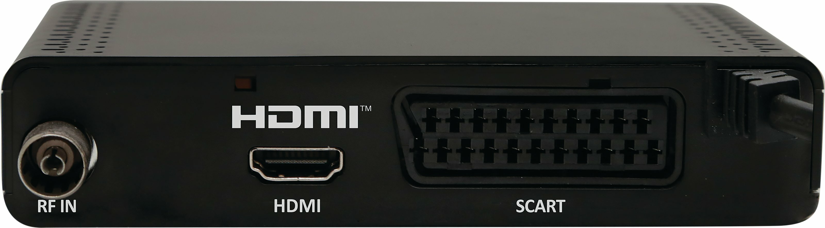 Czarny odbiornik cyfrowy z portami HDMI i SCART. Port RF IN po lewej stronie.