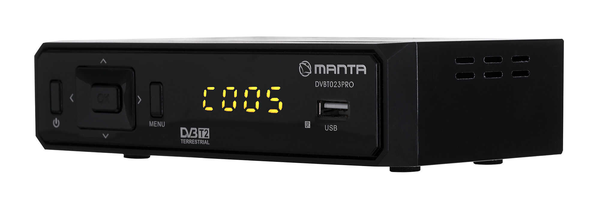 Czarny odbiornik cyfrowy Manta DVB023PRO z wyświetlaczem i portem USB. Tło jest białe.