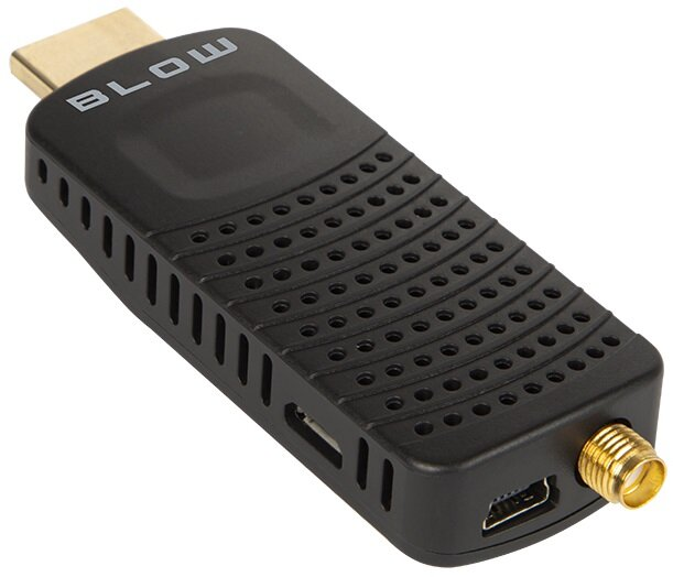 Czarne urządzenie do strumieniowania z tekstem 'BLOW', złączem HDMI i portem antenowym. Widok z boku.