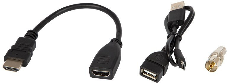 Cztery czarne kable z różnymi złączami na białym tle.