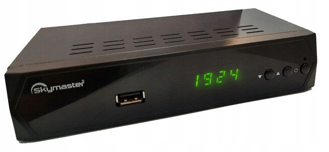 Czarny odbiornik Skymaster z wyświetlaczem pokazującym 19:24.