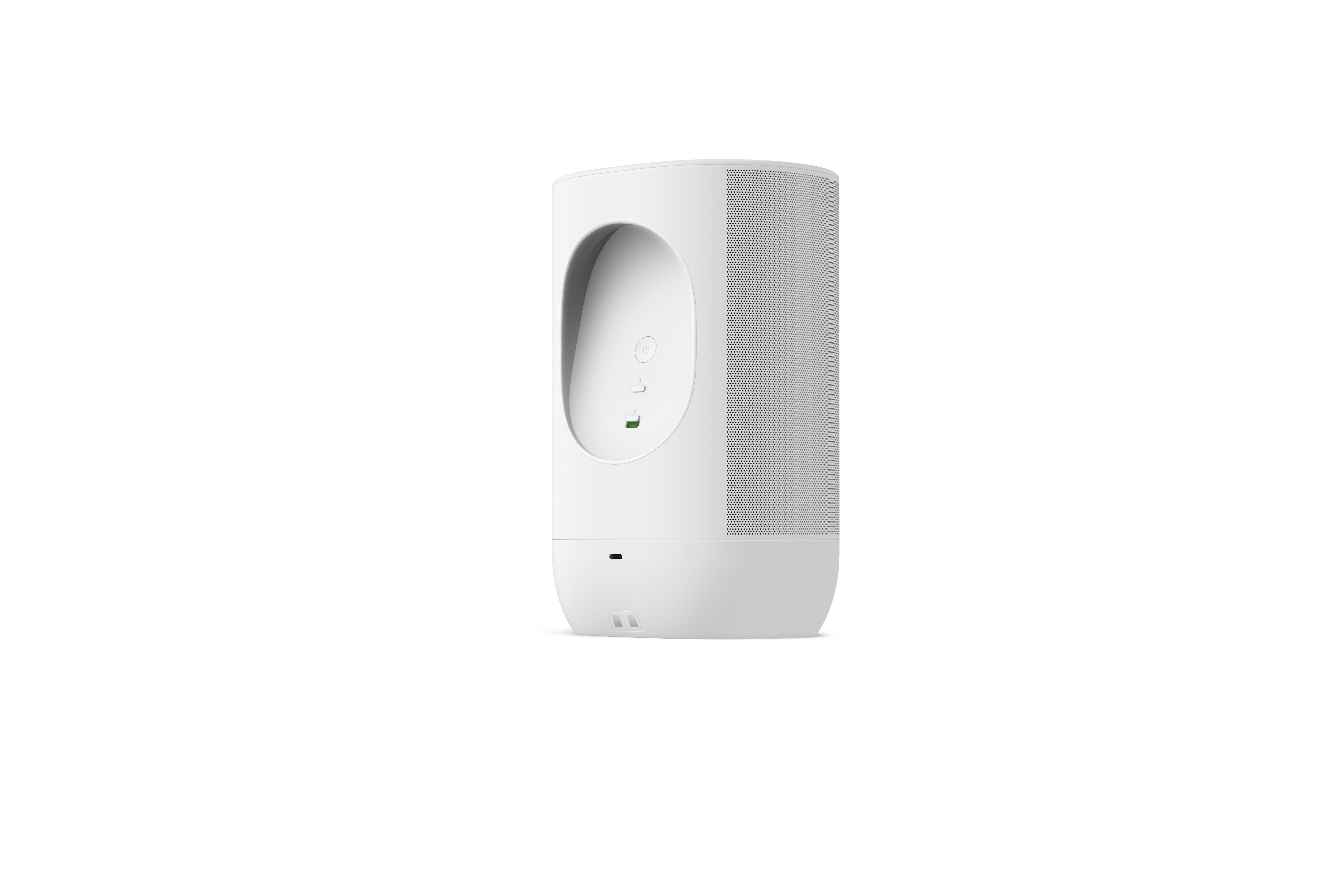 Ein weißer Smart Speaker mit abgerundeter Oberseite, Lautsprechermesh und einem Ein-/Ausschalter und LED-Anzeige.