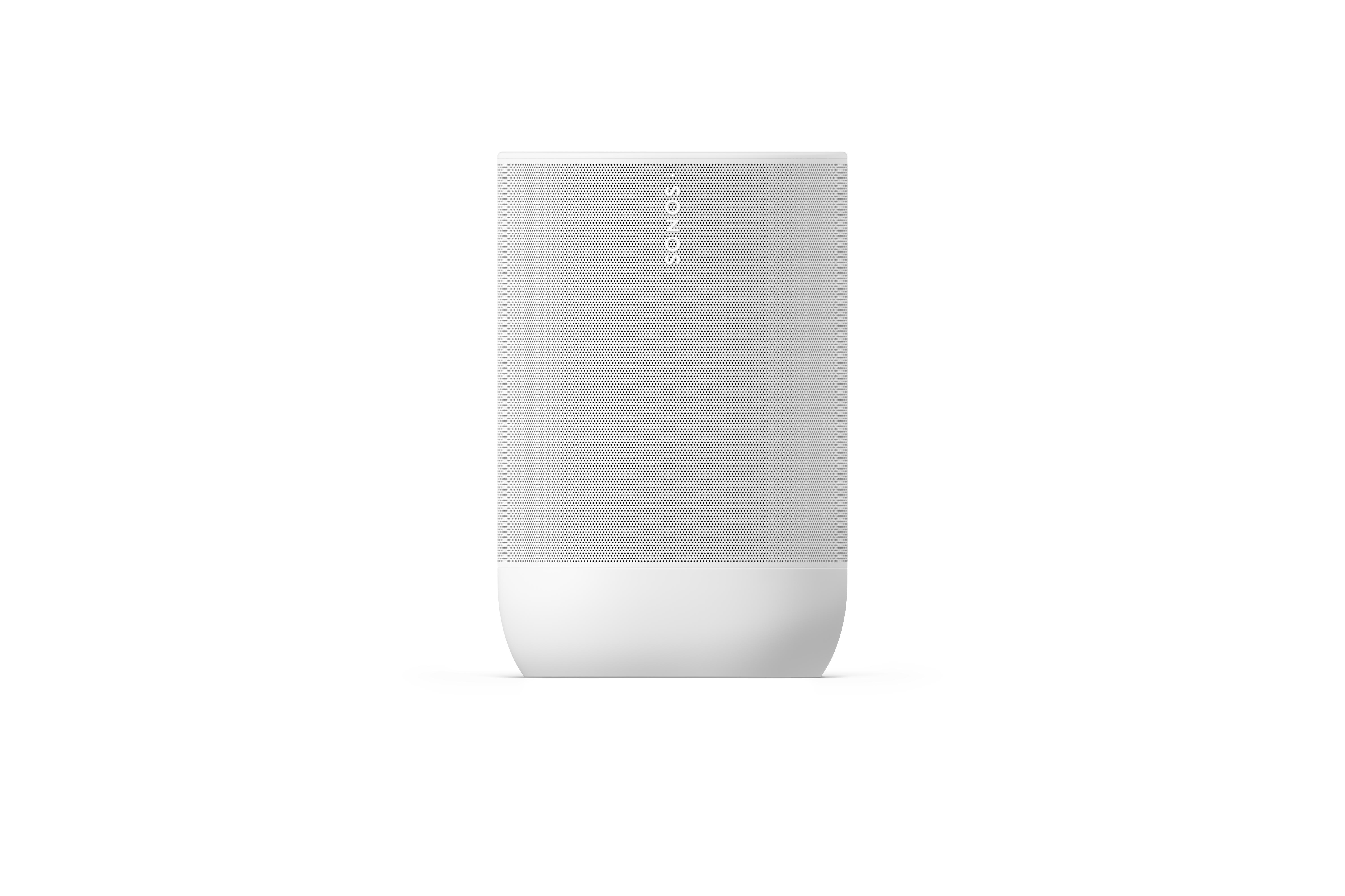 Weißer zylindrischer Lautsprecher auf weißem Hintergrund. Sonos-Logo sichtbar.