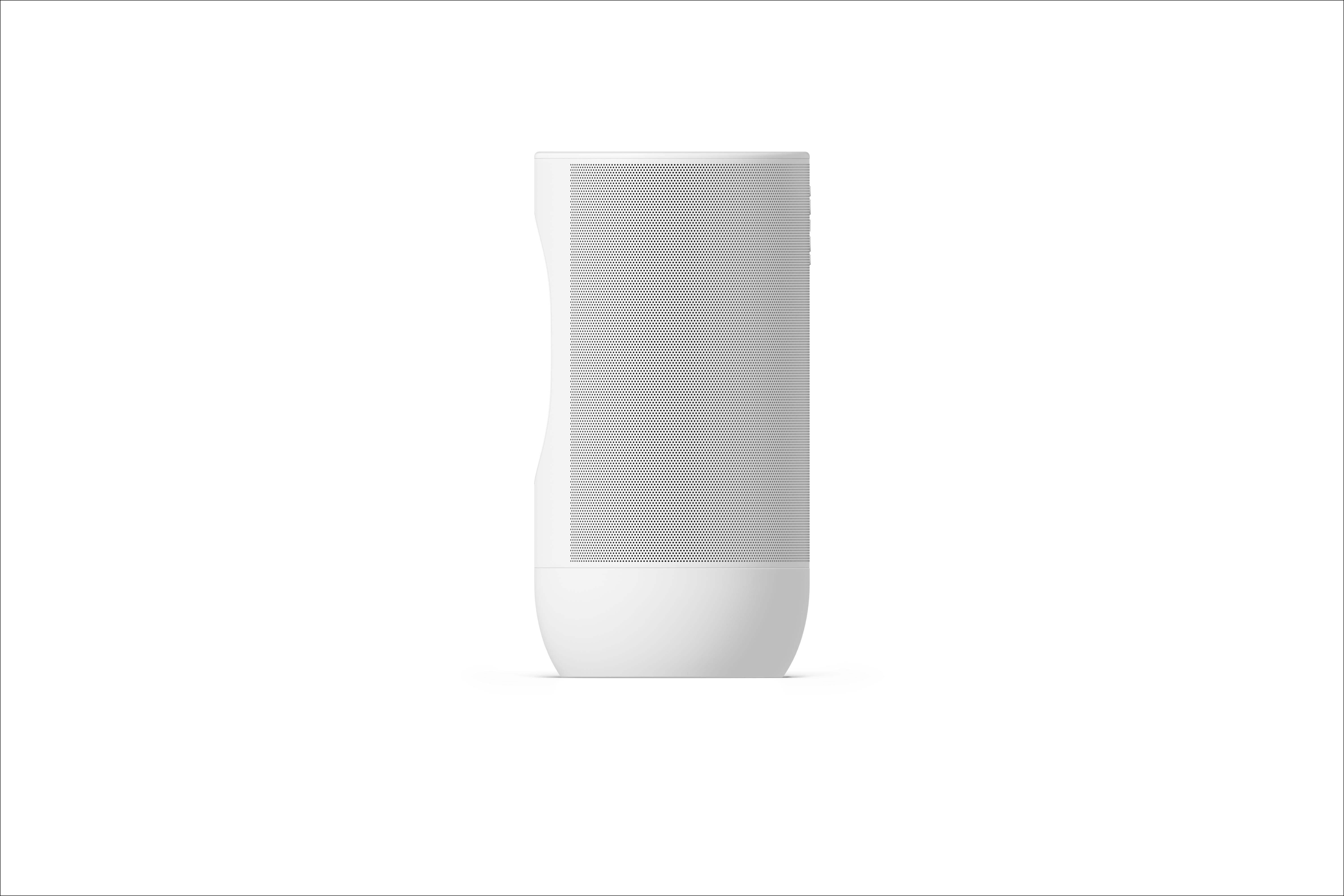 Weißer Smart Speaker. Zylinderform mit netzartiger Oberfläche vorne, glatte Seiten und weißer Basis.