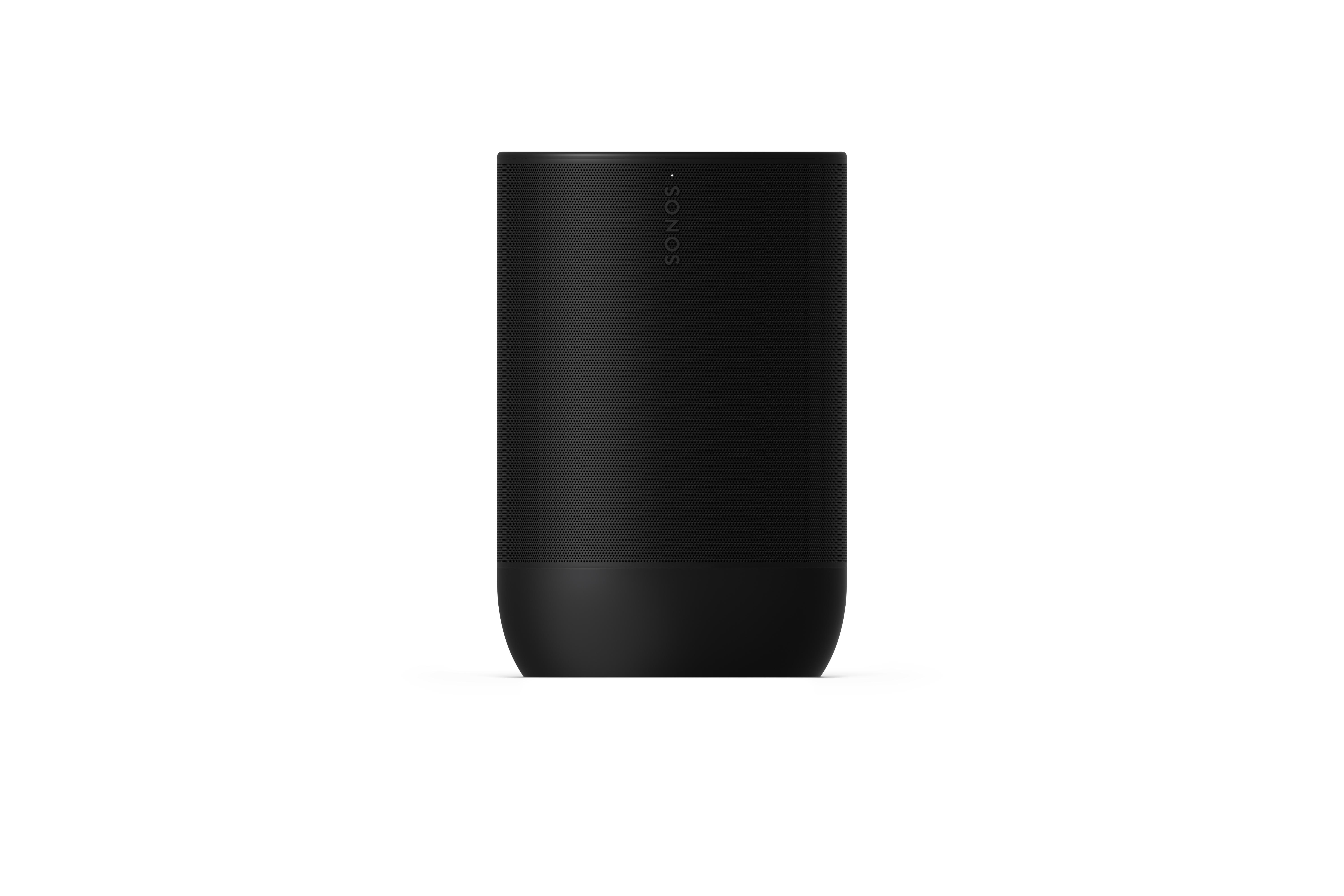 Schwarzer Sonos-Lautsprecher. Zylindrische Form, glatte Oberfläche. Sonos-Logo sichtbar.