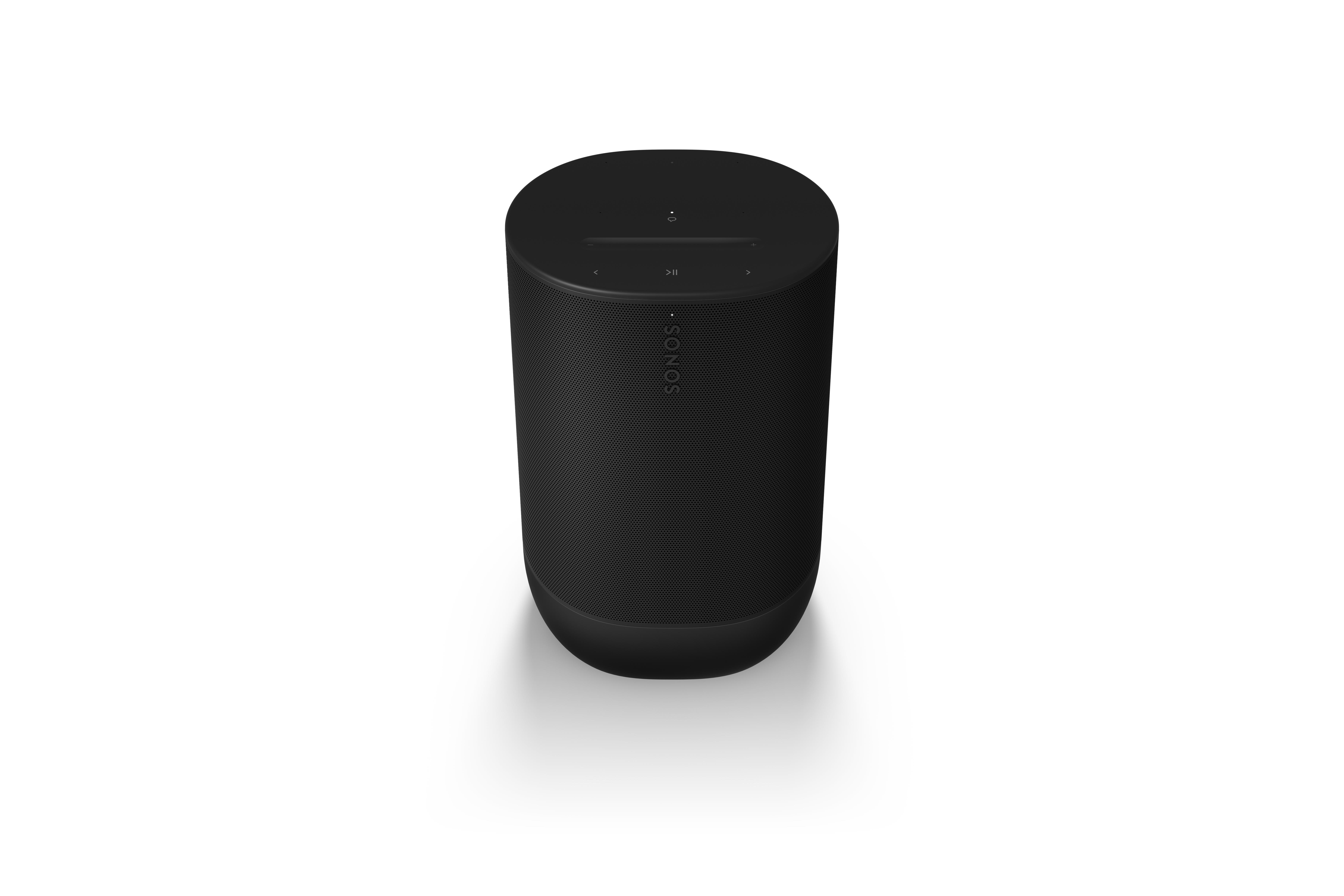 Ein schwarzer, zylindrischer Sonos-Lautsprecher auf einer weißen Oberfläche.