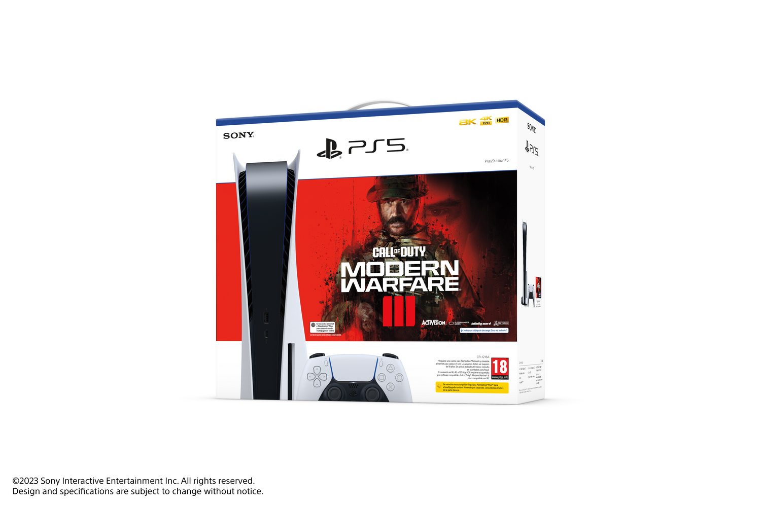 Una caja de consola PlayStation 5 con un juego, un controlador y la consola en sí.