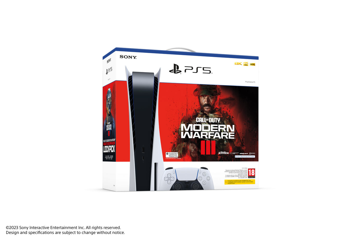 Consola PS5, juego Call of Duty y mando sobre fondo blanco.