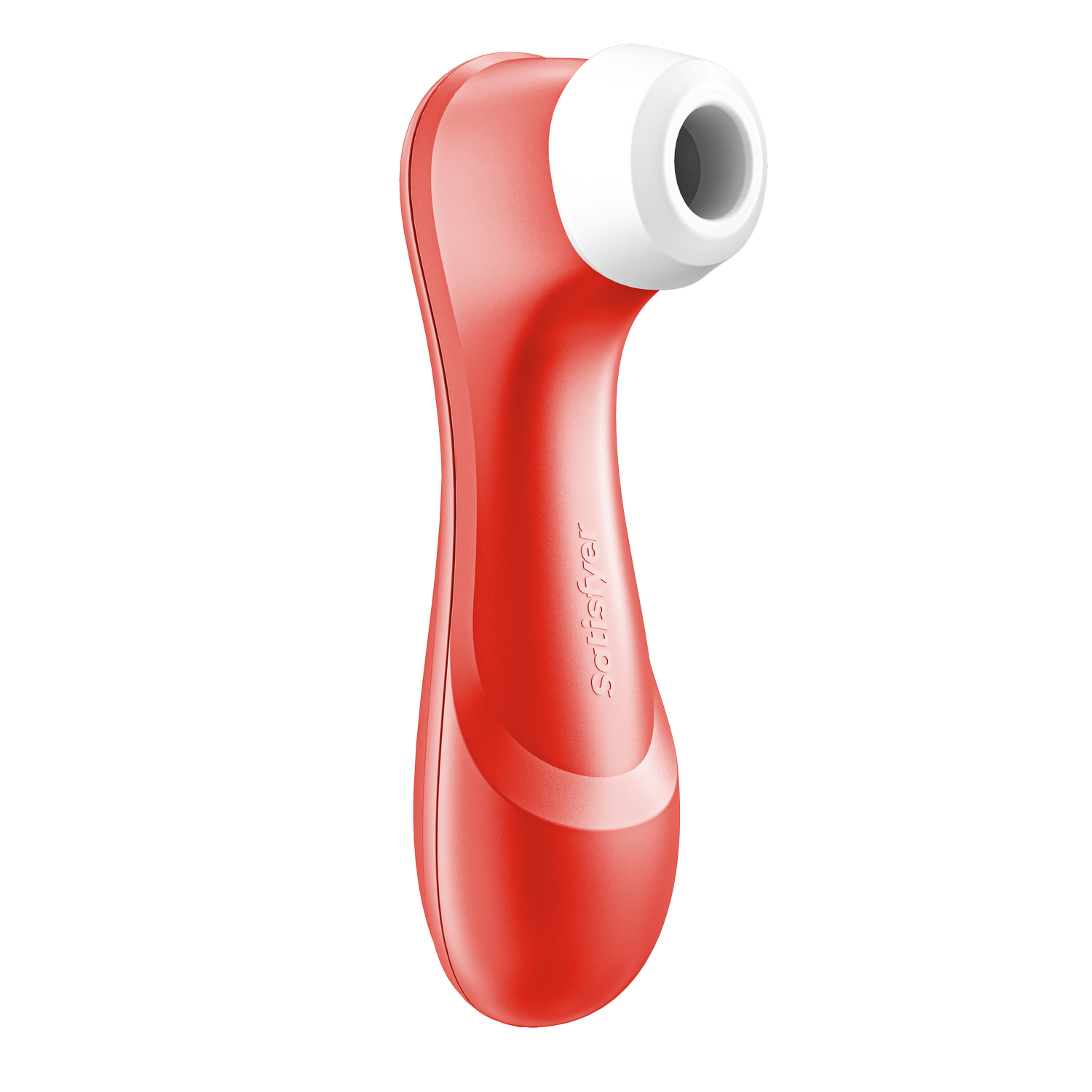 Un Satisfyer rojo y blanco sobre fondo negro.