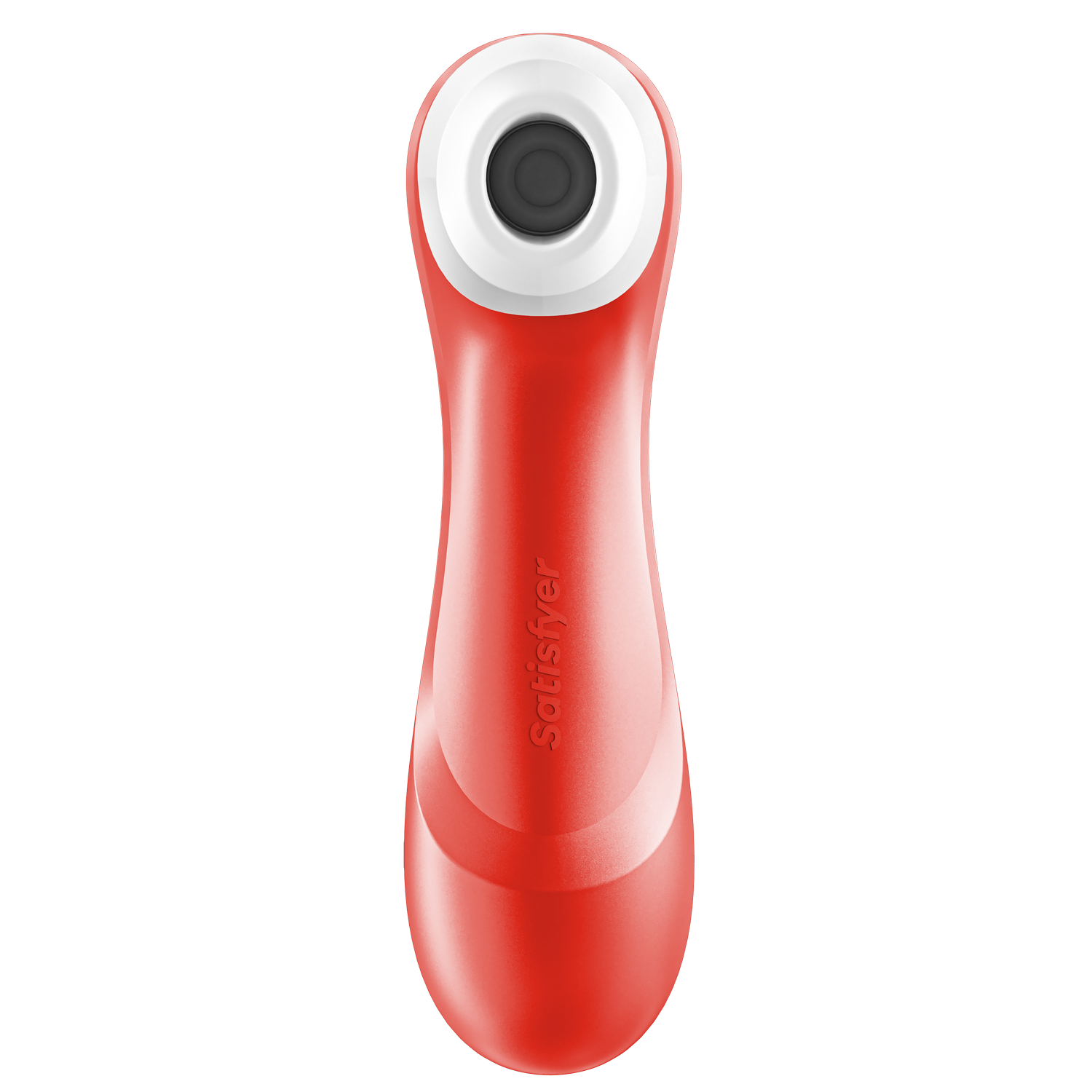 Un vibrador rojo con punta blanca y abertura negra. 'Satisfyer' escrito en el vibrador.