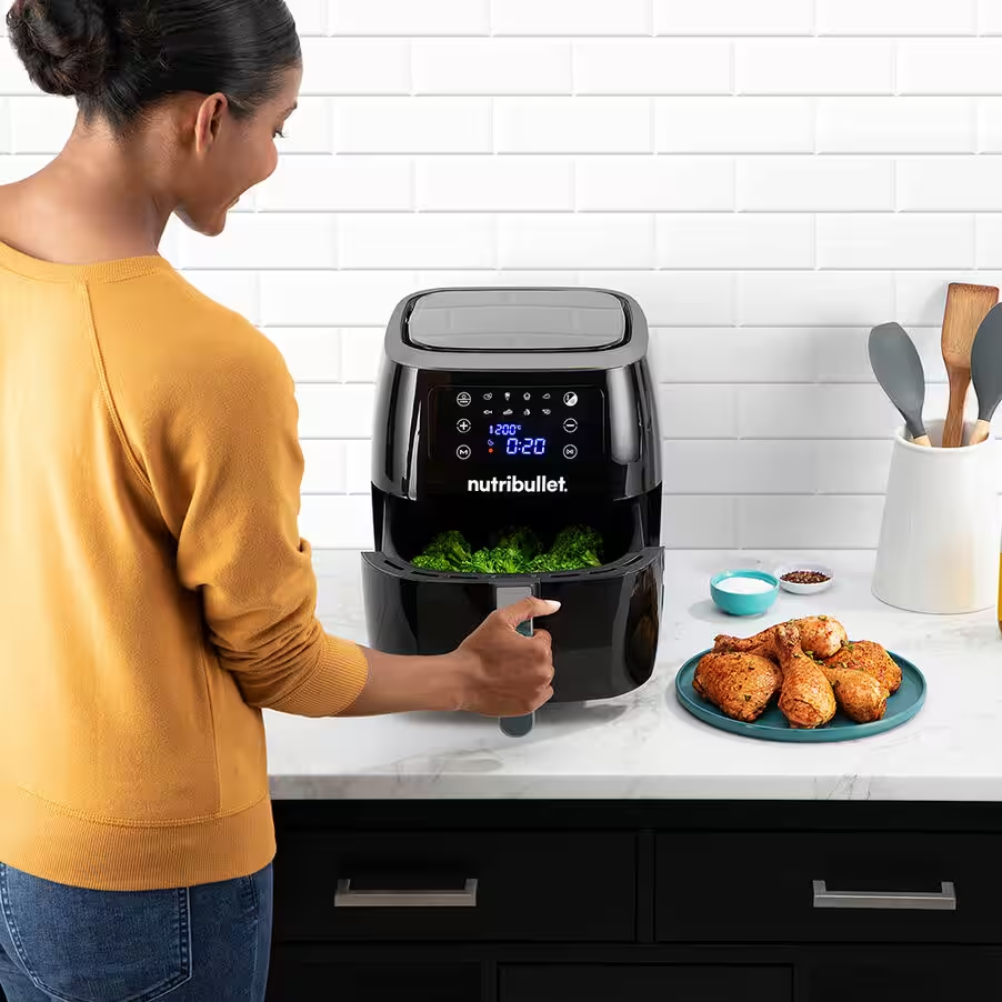 Freidora de aire - nutribullet XXL Digital Air Fryer, Doble resistencia, 1800 W, 7 l, 8 modos cocción, Convección vortex 360, Negro