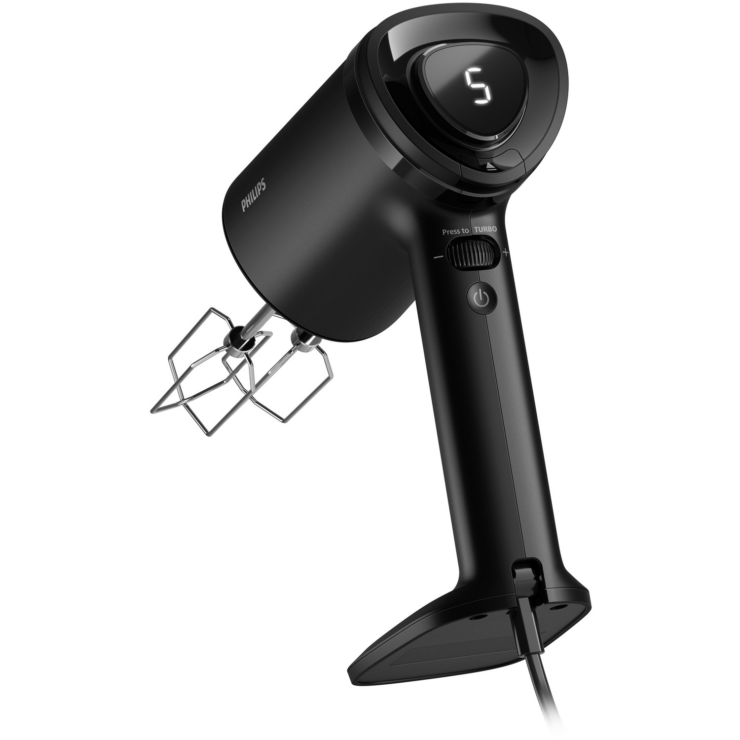 Zwarte Philips handmixer met snelheidsinstellingen en gardes.