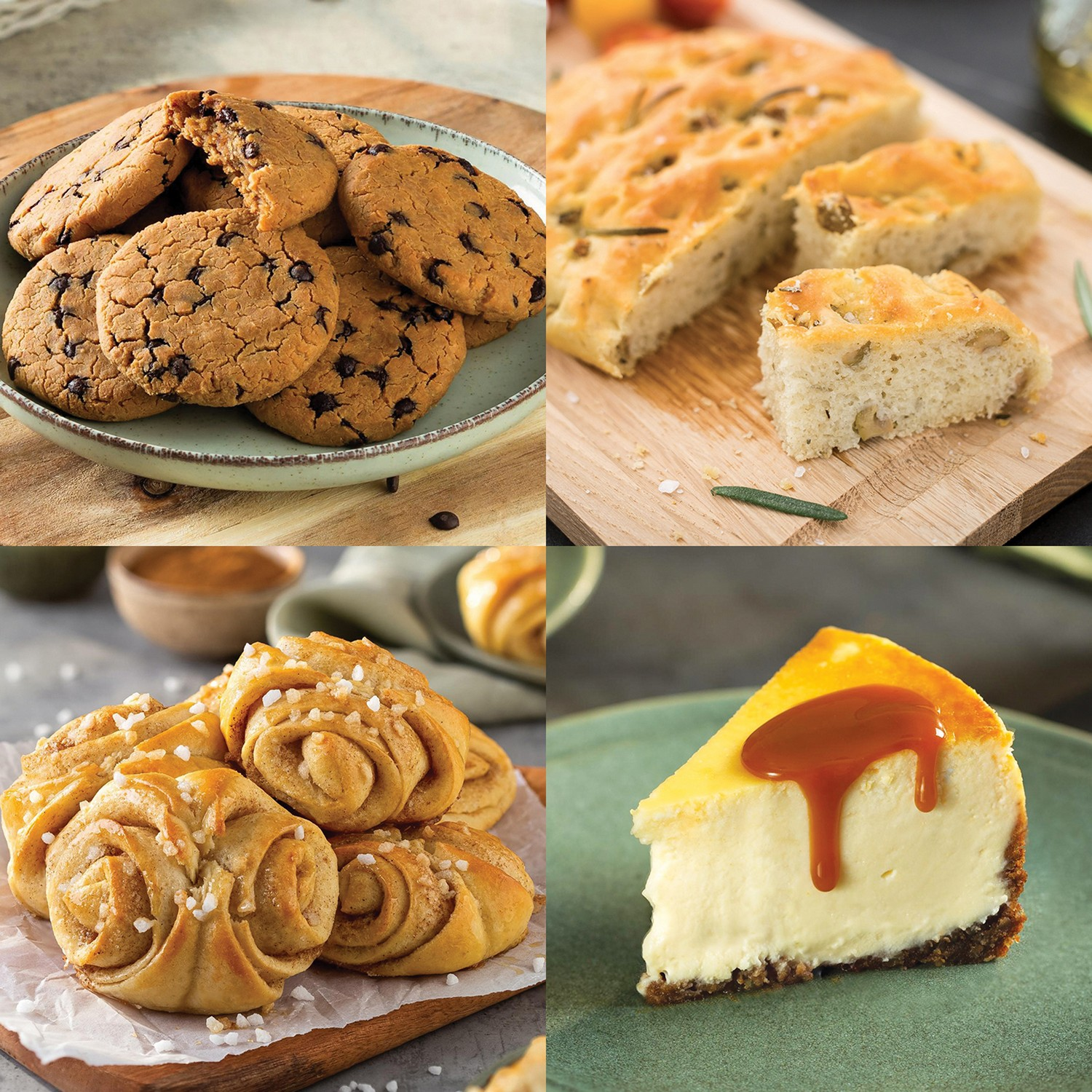 Vier soorten voedsel gerangschikt in een vierkant: koekjes, brood, broodjes en cake.