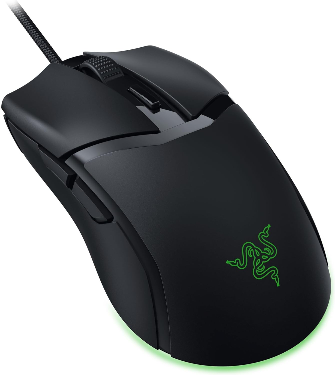 Ratón gaming Razer negro. Logotipo verde. Cable negro.
