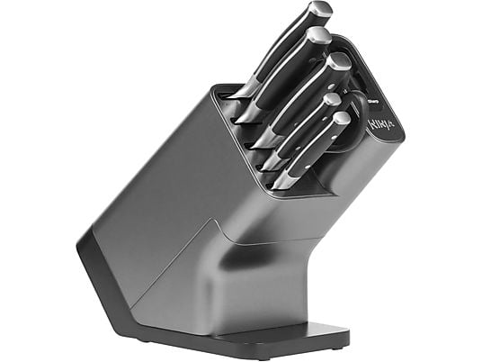 Cuchillos - Ninja K32006EU, Taco con afilador integrado, 6 piezas, Acero inoxidable, Negro