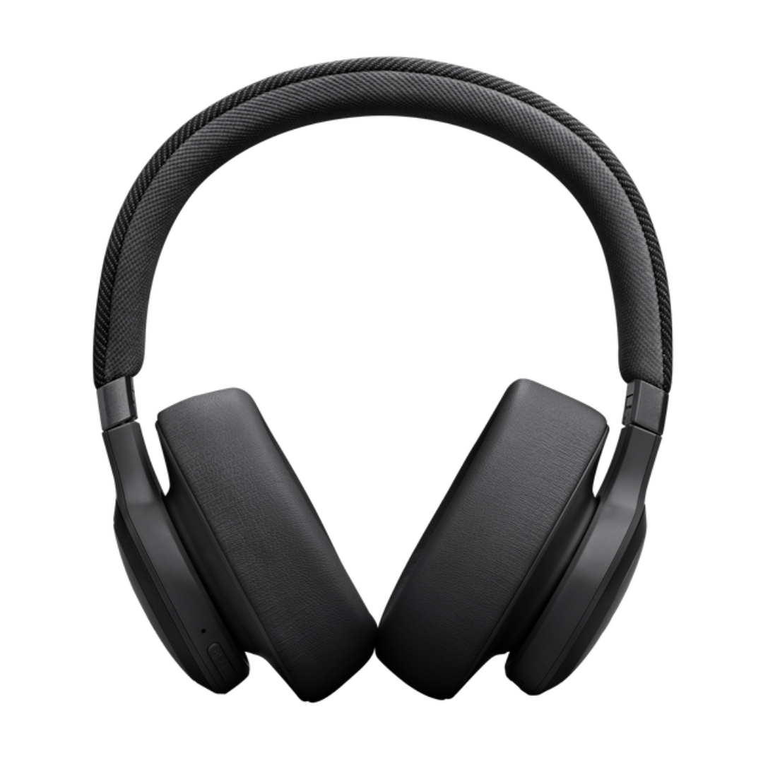 Auriculares negros sobre fondo negro. Los auriculares tienen una diadema curva y auriculares grandes.