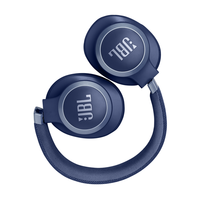 Auriculares JBL azules sobre un fondo negro.