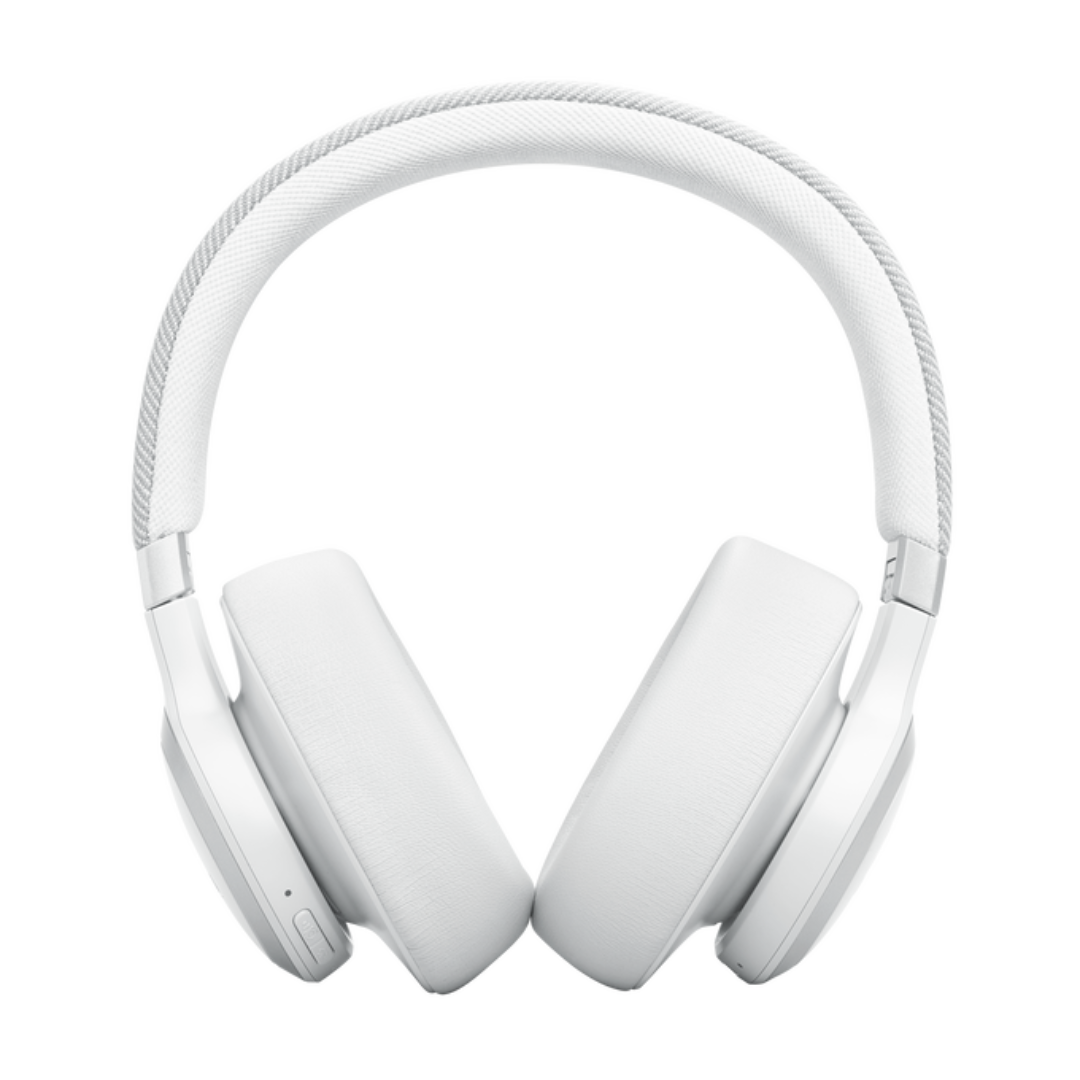 Auriculares blancos, diadema curva y auriculares. Fondo negro.