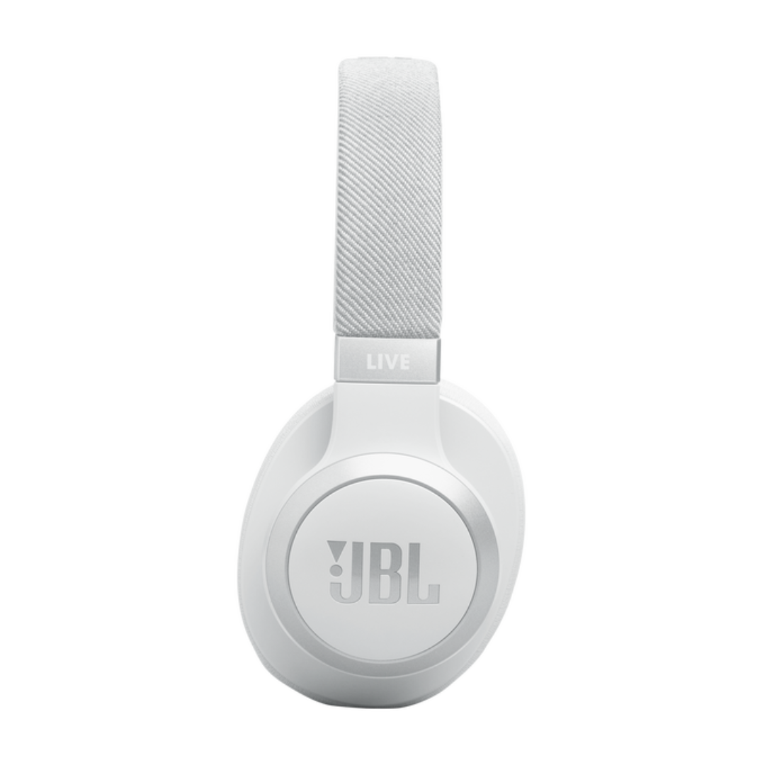 Auriculares JBL blancos, con la palabra LIVE en la parte superior.