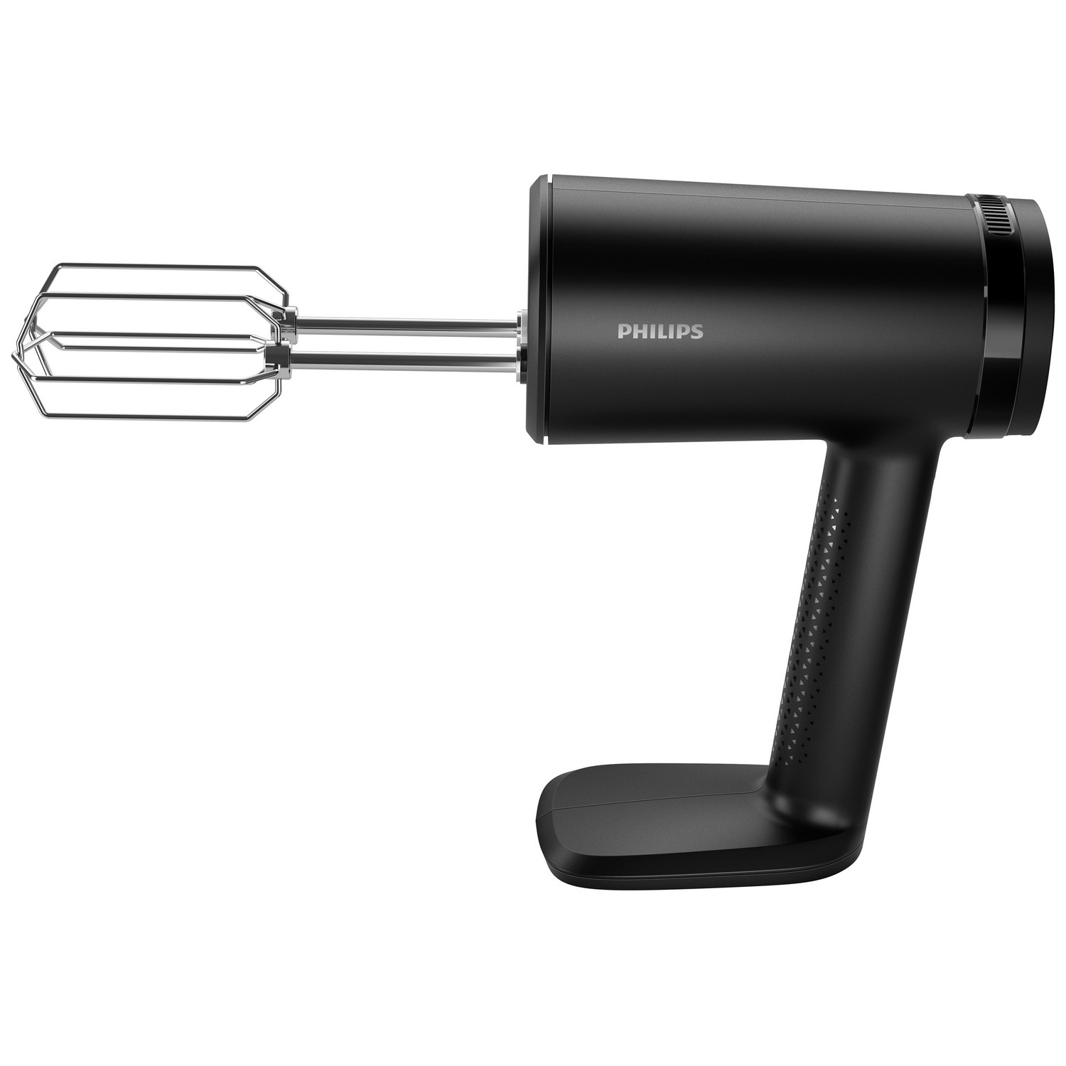 Black handheld Philips mixer with a whisk attachment.