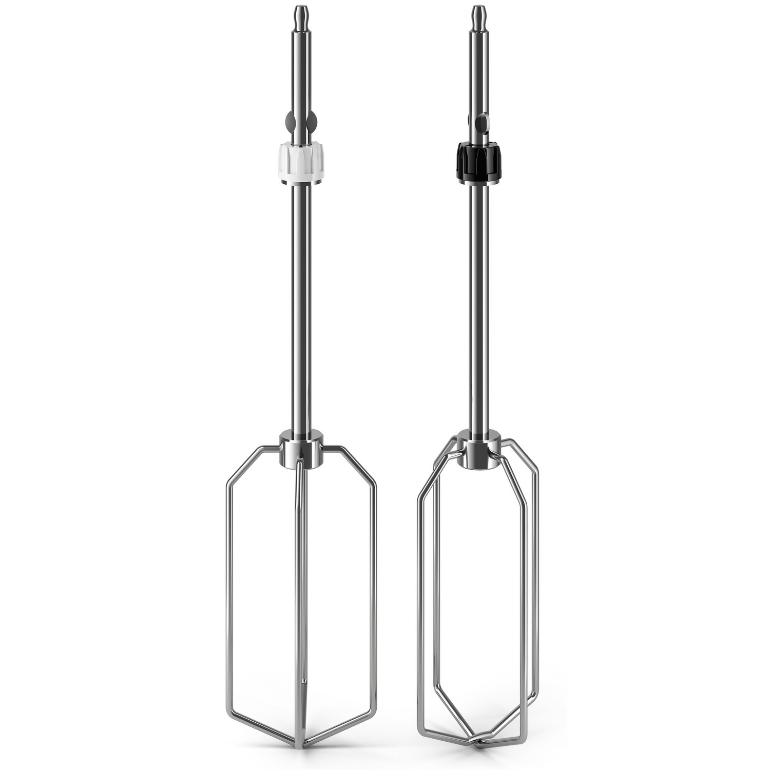 Two metal mixer attachments for a blender, on a white background.