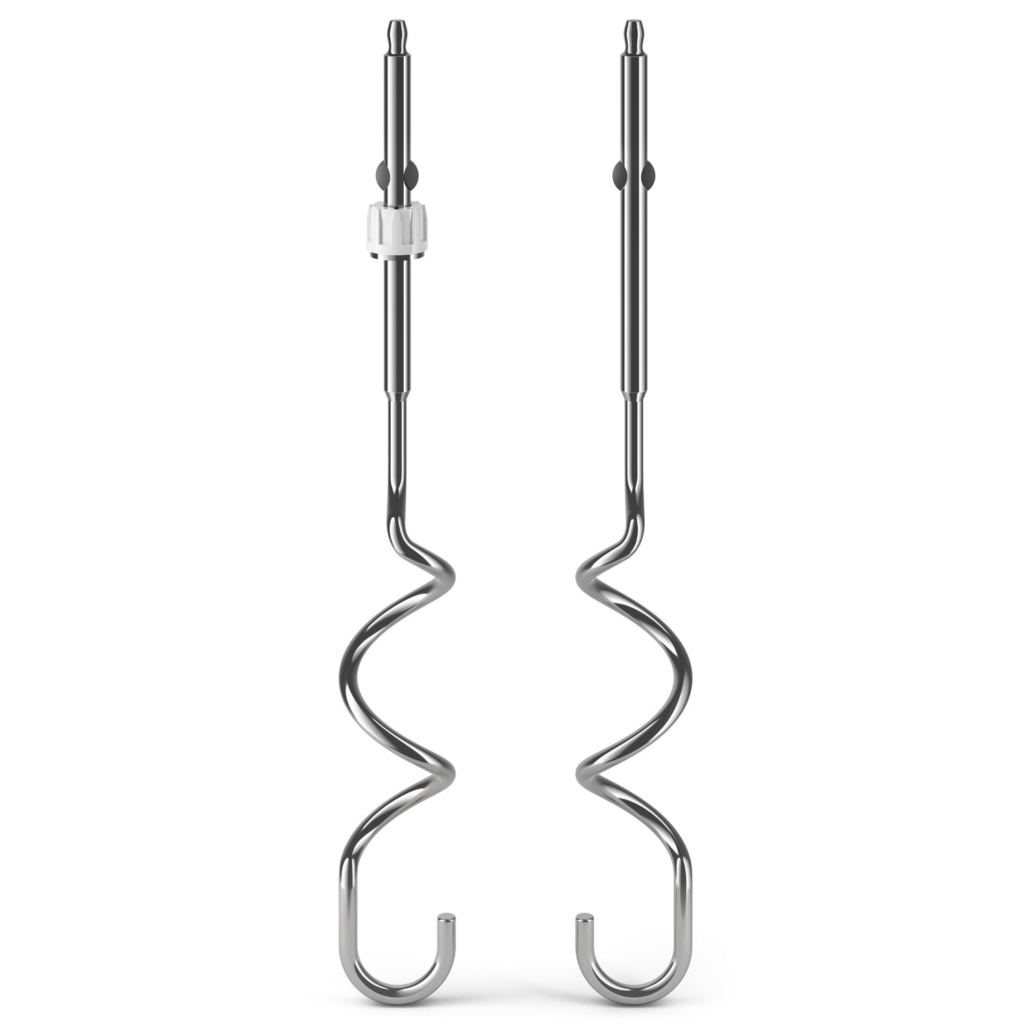 Two spiral-shaped mixer attachments, made of metal, on a white backdrop.