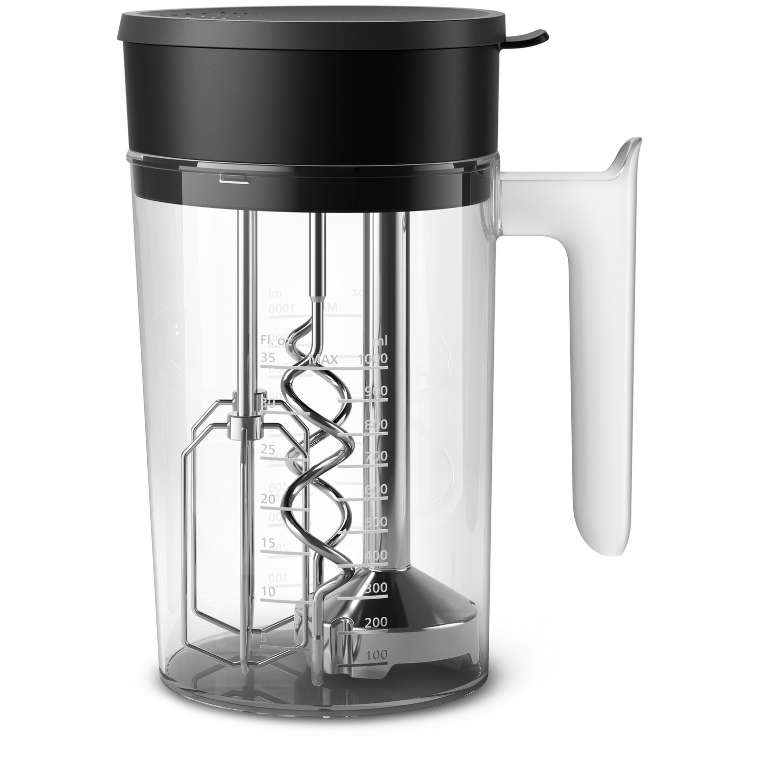 Clear blender jar with metal beaters and a black top. White handle on the right.