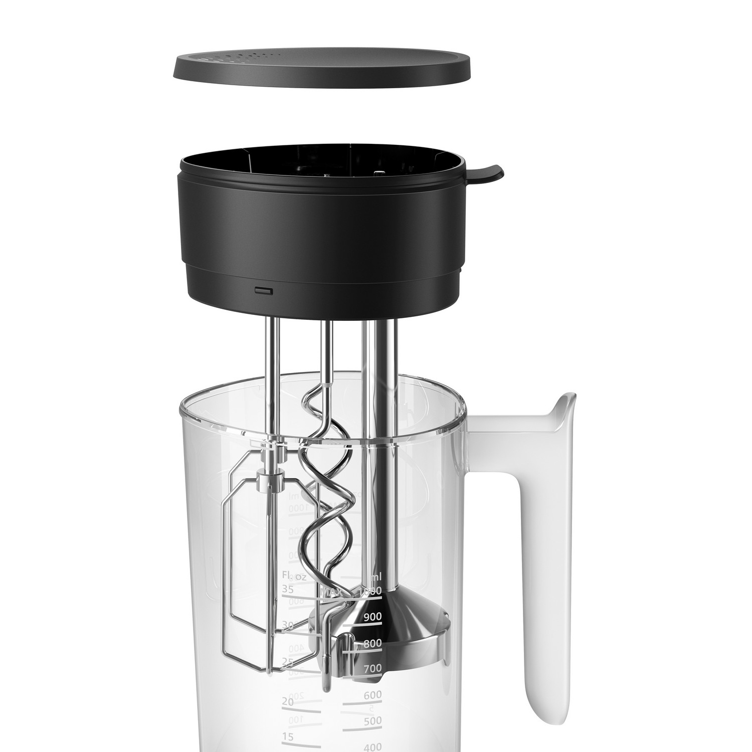 Blender jar with beaters and lid apart. Shows internal details of the blender.
