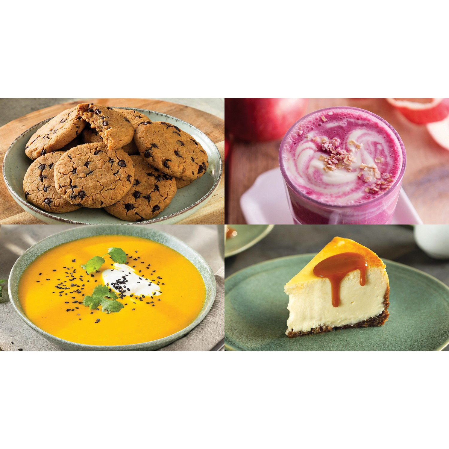 Four dishes: cookies, soup, beetroot drink, and cheesecake. All are on plates, ready to eat.