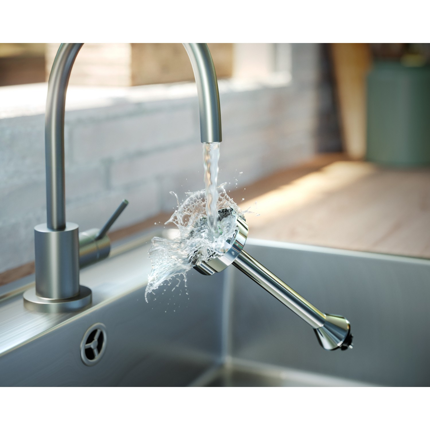 Stainless steel faucet with water splashing on a silver blender. The scene is in a kitchen.