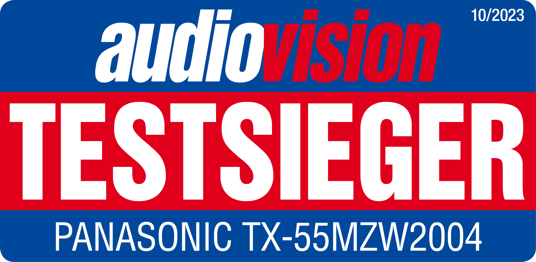 Blaues und rotes Banner mit weißem Text: audio vision, TESTSIEGER, Panasonic TX-55MZW2004, Datum.