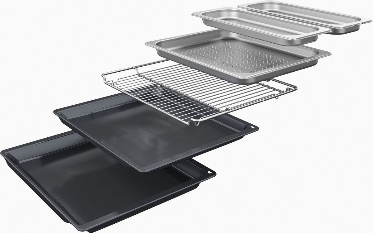 Des plaques de cuisson et une grille en vue éclatée sur fond blanc.