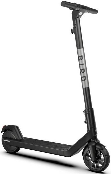 Czarna hulajnoga elektryczna Bird. Srebrna kolumna z logo Bird, czarny podest.