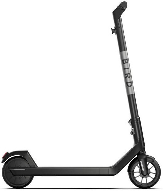 Czarna hulajnoga elektryczna, widok pod kątem z srebrnym paskiem i napisem 'BIRD'.