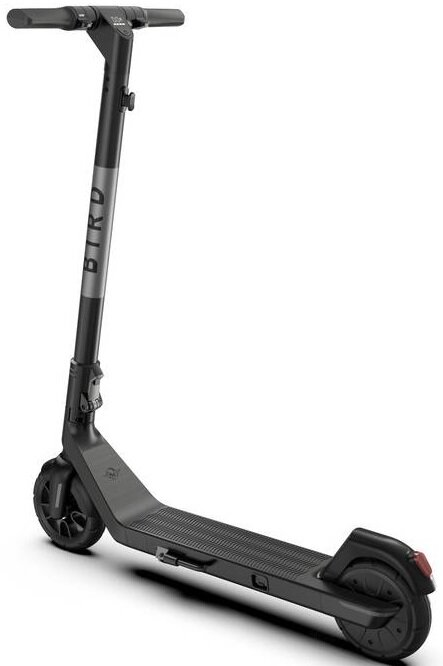 Czarna hulajnoga elektryczna Bird. Ma czarny korpus i kierownicę z szarym paskiem.