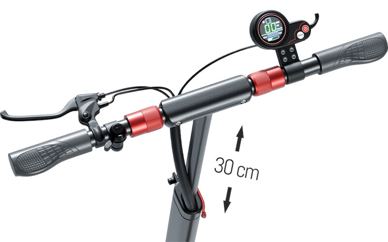 Kierownica hulajnogi elektrycznej z cyfrowym wyświetlaczem i czerwonymi akcentami.